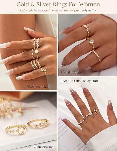 TOSGMY Gold Silver Rings For Women Non Tarnish Gold Plated Stackable Rings Wedding Engagement Bands Dainty 14K Gold Ring Simple Trendy Cubic Zirconia Thumb Stacking Ring Pack Size 4-11 thumbnail 5
