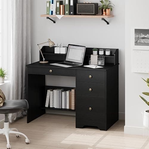 TTVIEW Computer Desk with Drawers and Hutch Shelf, Wood Executive Desk Writing Study Table with 43” Wide Tabletop, Small Desk with File Drawer for Home Office Bedroom, Black - Image 1