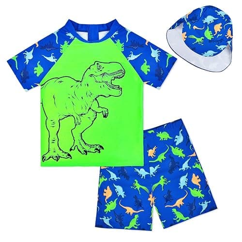 Boys Two Piece Rash Guard Swimsuits Kids Short Sleeve Swimwear Sets Bathing Suit with Sun Hat for 2-6 Years - Image 1