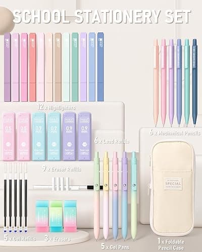 Four Candies 39PCS Cute School Supplies with Pen Case for Girls - 5 Gel Pens, 12 Pastel Highlighters, 6 Aesthetic Mechanical Pencils Set, Essentials Stationary Christmas Stocking Stuffers Gift (Cream) thumbnail 3