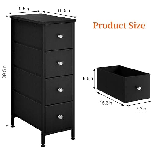 Fixwal Narrow Storage Cabinet, Small Dresser with 4 Drawers, Slim Fabric Dresser Storage for Small Spaces, Black Nightstand Side Table for Bedroom, Bathroom, Laundry, Closet, Dorm thumbnail 2