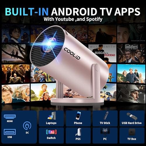[Built-in Apps & 2025 Upgraded] Mini Projector Support 4K 1080P Auto Keystone 270° Rotatable with WiFi 6 and Bluetooth 5.4, Projector Portable Compatibile with HDMI/TV Stick/Memory Stick/Laptop-Gold thumbnail 3