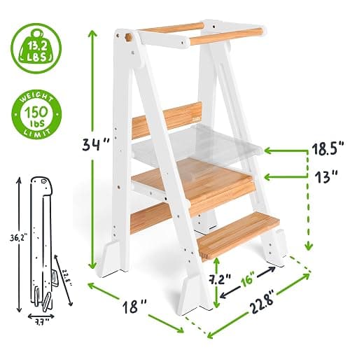 OCODILE Adjustable Foldable Toddler Tower – Folding Tower for Kids | Montessori Toddler Kitchen Step Stool Helper for Independence - White thumbnail 2