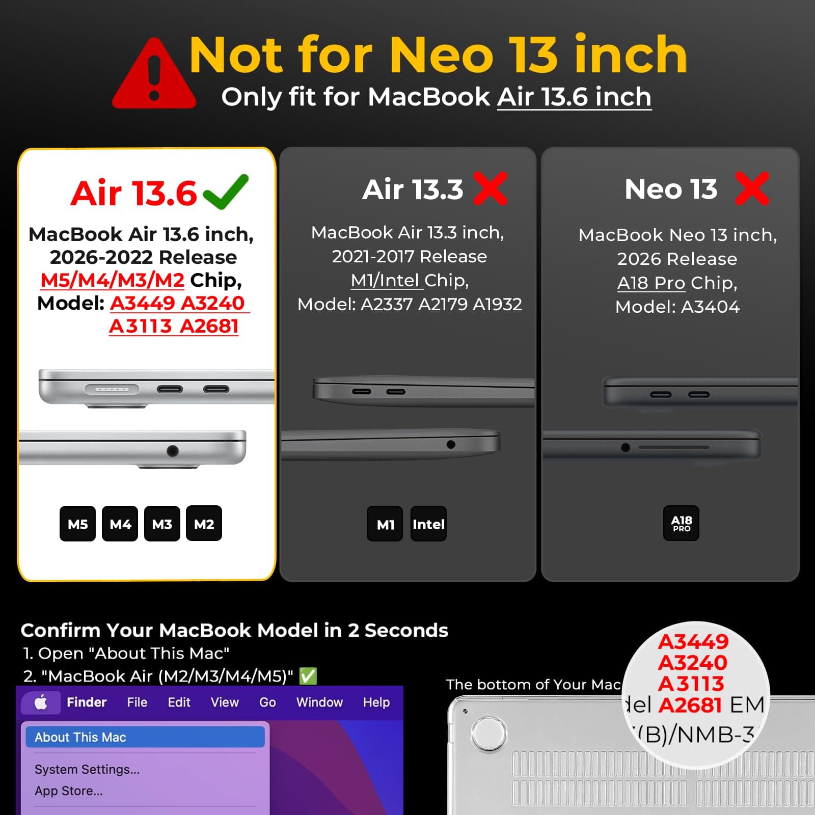 EooCoo Compatible with MacBook Air 13 inch Case M5 2026-2022 M4 M3 M2 Model A3449 A3240 A3113 A2681, Clear Air 13.6" Laptop Hard Shell Case + Keyboard Cover + Screen Film, Crystal Clear thumbnail 2
