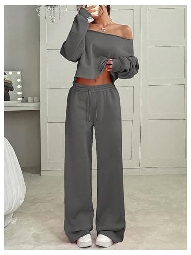 SOLY HUX Women's 2 Piece Outfits Fall Sweatsuits Off The Shoulder Crop Top Wide Leg Sweatpants Casual Matching Lounge Sets thumbnail 3