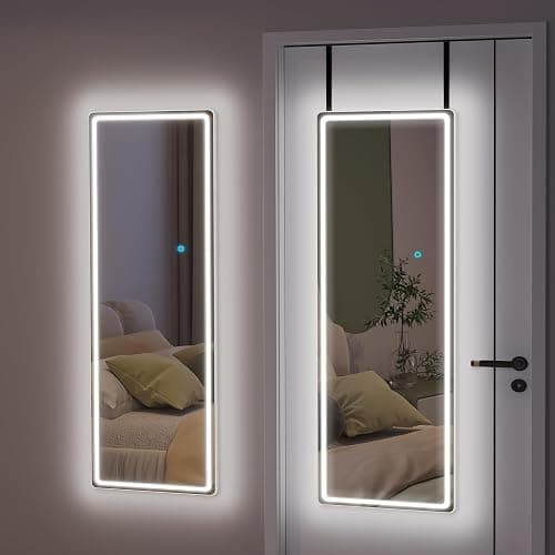 Vlsrka Full Length Mirror with LED Lights, Over The Door, Wall Mounted Hanging Mirror, 47"x 16" White - Image 1