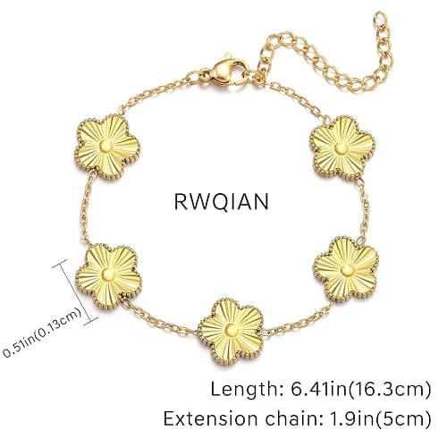 RWQIAN Gold Plated Five Leaf Lucky Clover Bracelets for Women,White/Black/Red/Green/Blue/Pink Clover Link Flower Charm Bracelets,Adjustable Clover Bracelet Chain Jewelry Gifts Trendy for Birthday thumbnail 4