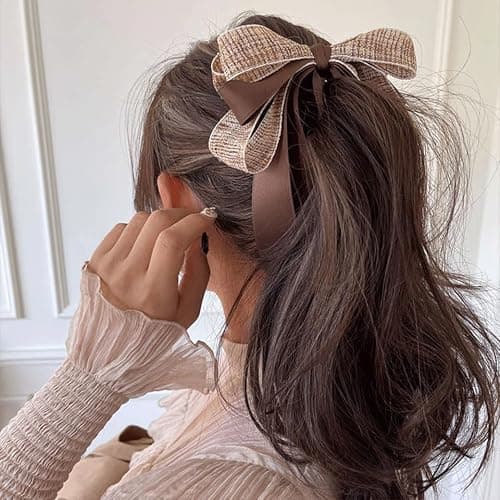 Ribbon Bow Banana Hair Clips for Women Girl，2PCS Vertical Ponytail Claw Clip Korean Style Bowknot Ponytail Claw Large Banana Clip for Thick Hair Accessories (Khaki) thumbnail 5