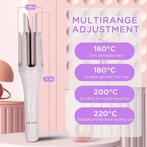 ZZR SEVEN Automatic Curling Iron, 1.5 Inch Hair Curler with 4 Temp. Options, 10S Fast Heating, 2-Way Rotation, 30 Min Auto Shut-Off, Anti-Scald-Tangle for Long Hair, Dual Voltage for Travel (Khaki) thumbnail 6