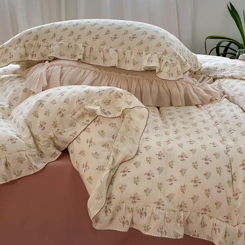 BuLuTu 100% Cotton Muslin Duvet Cover Twin for Kids Girls Boys, Shabby Chic Azalea Floral Duvet Covers Vintage Farmhouse Comforter/Quilt Cover with Ruffles, 68"x86", Zipper Closure, No Pillow thumbnail 6