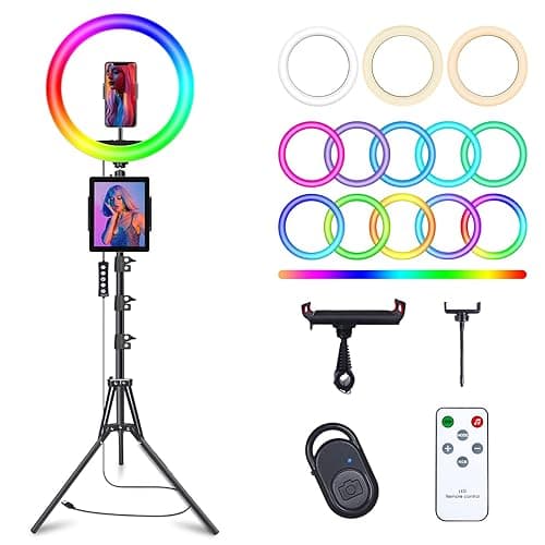 10" Selfie Ring Light with 73" Tripod Stand & 1 Phone Holder, LED Camera Ringlight with 48 RGB Colors Modes & Musical Rhythm Mode and 12 Brightness Dimmable for TikTok/Makeup/Photography/Vlog - Image 1