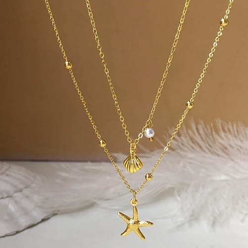 Zeffy Shell Necklace for Women,14K Gold Plated Layered Starfish Conch SeaShell Pearl Pendant Charm Necklace Stack Waterproof Dainty Beach Jewelry for Summer Vacation thumbnail 7