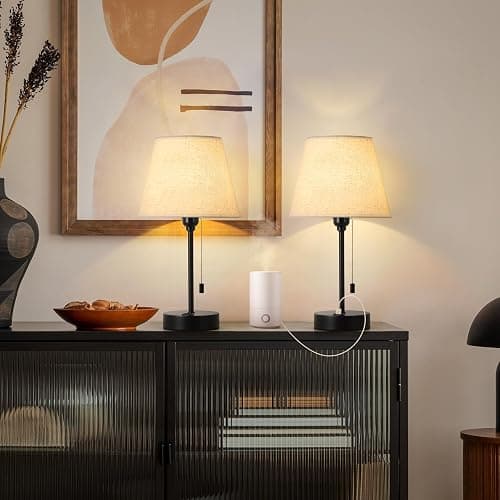 Bedside Table Lamps Set of 2 Small Nightstand Lamps with Dual USB Charging Ports Modern Desk Lamps with Fabric Lampshade for Bedroom, Living Room, Office thumbnail 5