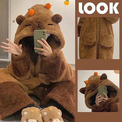 Whedai Unisex Capybara Costume Warm Flannel Cute Animal One-Piece Pajamas, Halloween Christmas Sleepwear Jumpsuit Pajamas Brown thumbnail 2