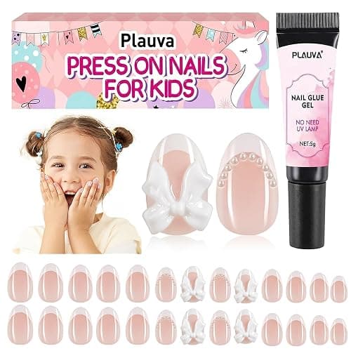 Plauva 26Pcs Press on Nails for Kids French Tip Short Almond Bow Fake Nails | with Pearl Designs for Kids Children Teenager Girls 8-12 Years Nude Press on Nails with Nail Glue - Image 1
