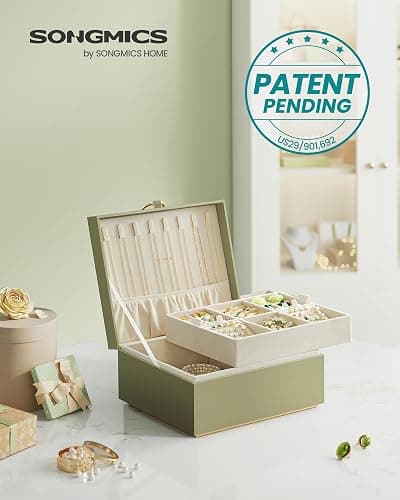 SONGMICS 2-Layer Jewelry Box with Handle, Removable Tray, Floating Effect | Jewelry Organizer, 8.1 x 9.4 x 4.3 Inches, Gift for Loved Ones, Sage Green and Cream White, GREETA Collection UJBC165C02 thumbnail 3