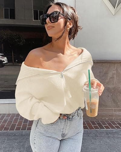BTFBM Womens Sweaters Quarter Zip Pullover V Neck Collar Long Sleeve Ribbed Knit Loose Casual 2025 Winter Fall Sweater thumbnail 5