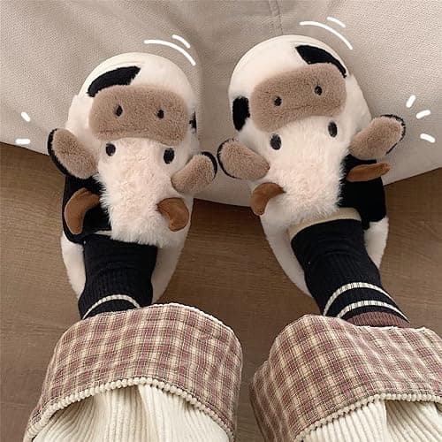 XIXITIAO Slippers For Women,Cow Slippers,Womens Fuzzy Slippers,Cute Animal Cartoon Fluffy Plush House Slippers For Women Men Indoor thumbnail 4