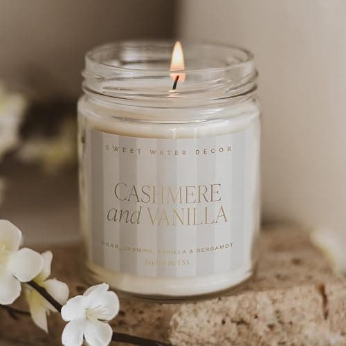 Sweet Water Decor Cashmere and Vanilla Patterned Candle – Soy Candles with Coconut, Bourbon Vanilla, Cashmere, Sandalwood, Musk – 40 Hour Burn – 9oz Clear Glass Jar – Luxury Spring Candle thumbnail 6