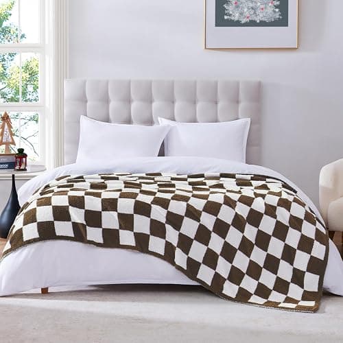 WRENSONGE Checkered Throw Blanket, Coffee Soft Cozy Fluffy Warm Hand Made Throw Blankets for Couch, Sofa, Chair, Bed, Camping, Picnic, Travel Lightweight Bed Blanket - 50"*70" thumbnail 4
