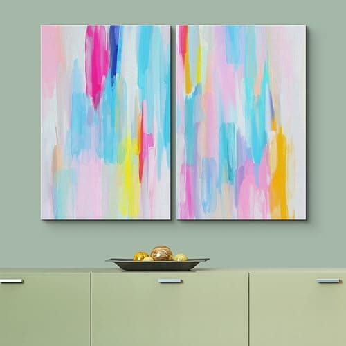 SIGNLEADER Framed Canvas Print Wall Art Set Vibrant Blue Pink Pastel Stripes Abstract Shapes Digital Art Modern Art Decorative Minimal Relax/Zen for Living Room, Bedroom, Office - 16"x24" x 2 thumbnail 3