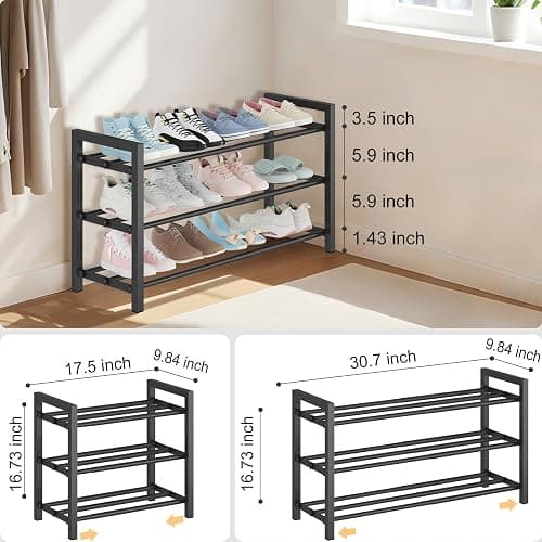 Detsuk 3-Tier Expandable Shoe Rack – Adjustable Heavy-Duty Metal Shoe Organizer Shelf for Closet, Entryway, Mudroom & Garage – Durable Freestanding Storage, Black thumbnail 2
