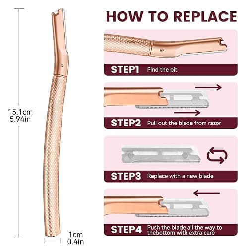 Eyebrow Razor-Face Razors for Women-Dermaplaning Tool for Face Exfoliation & Peach Fuzz with 12 Refill Blades-Facial Dermaplane Razors Shaver-Rose Gold thumbnail 5