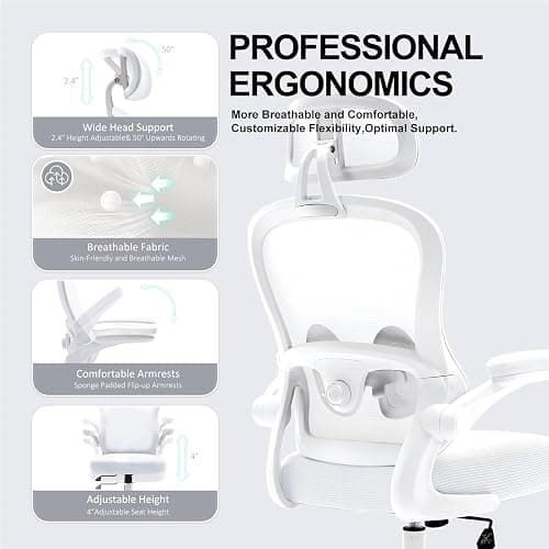 TUKAKA Ergonomic Office Chair,Ultra Thick Spring Cushion Desk Chair,White | Adjustable Lumbar Support and Headrest,Flip-up Arms,Rocking Function,Mesh Home Office Computer Chair thumbnail 5