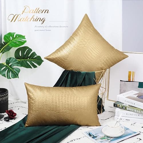 BRAWARM Faux Leather Pillow Covers 20 X 20 Inches, Gold Leather Pillow Covers Pack of 2, Crocodile Leather Decorative Throw Pillows for Living Room Couch Bed Sofa Home thumbnail 2