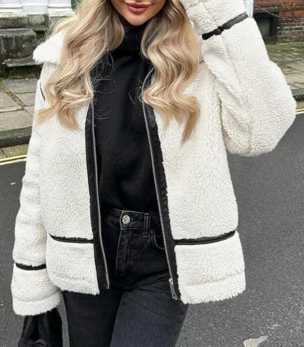 Tankaneo Womens Faux Fur Jackets Winter Trendy Sherpa Moto Leather Patchwork Zip Up Coat thumbnail 2
