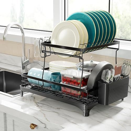 Simple Trending Dish Rack, Stainless Steel Dish Drying Rack for Kitchen Counter, Large Capacity 2-Tier Dish Drainer Organizer with Utensil Holder, Black thumbnail 8