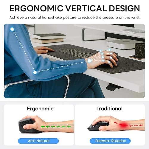 Uineer Wireless Ergonomic Mouse, Bluetooth Mice (BT4.0/5.0 and 2.4G) Rechargeable Vertical Mouse, Multi Device Connection, 6 Button Quiet Clicks, 4 DPI Optical Computer Mouse for Laptop, PC, Black thumbnail 3