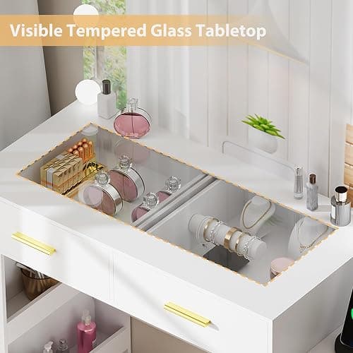 BEWISHOME White Vanity Desk with Mirror and Lights,Makeup Vanity Set with Glass Top,Large Dressing Table with Charging Station,4 Drawers,Nightstand,Stool,Makeup Desk for Girls Women Bedroom FST28W thumbnail 4