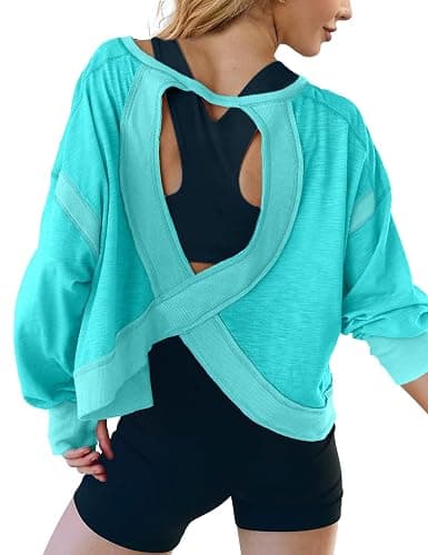 UNIANKIYA Open Back Workout Tops for Women Long Sleeve Cropped Athletic Clothes Gym Running Yoga Low Impact Sports T Shirts thumbnail 4