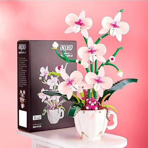 iixeal Pink Orchid Flower Building Set for Adults, Coffee Cup Orchid Botanical Collection Plant Building Kit, Home and Office Decor Gift for Christmas Day, Valentines, Birthday 567pcs thumbnail 9