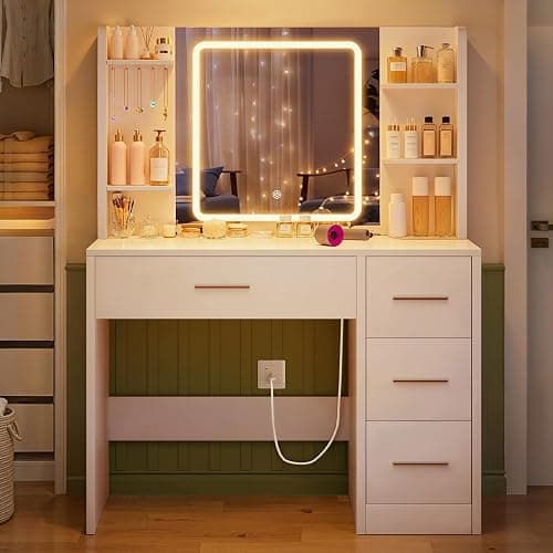 FIONESO Vanity Desk with Mirror and Lights, Makeup Vanity with Power Outlet and 4 Drawers & 6 Shelves & 5 Hooks, 3 Color Modes & Adjustable Brightness, White Vanity for Bedroom thumbnail 9