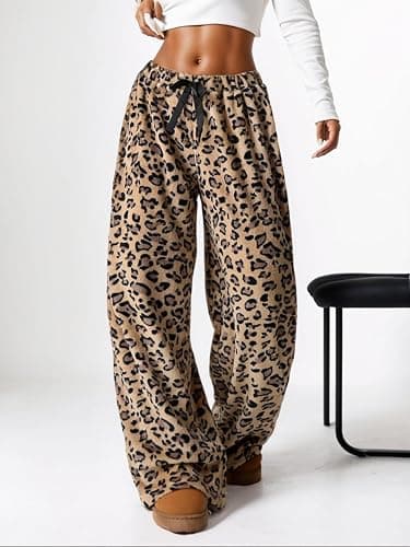 VCM Leopard Print Pants Y2k High Waisted Baggy Trousers Drawstring Fluffy Cheetah Fuzzy Pajama Sleepwear thumbnail 3