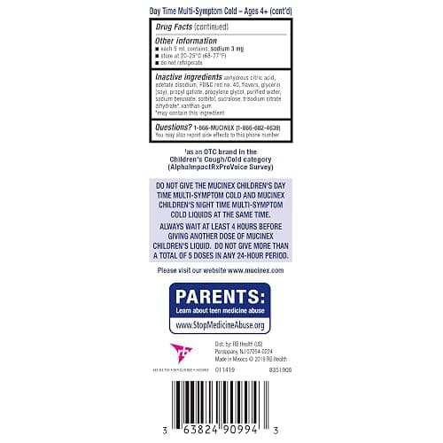 Mucinex Cold & Cough, Children's Multi-Symptom Day/Night Liquid, Very Berry, 8oz (2x4oz) Relieves Nasal & Chest Congestion, Thins & Loosens Mucus, Controls Cough, Reduces Fever, Soothes Sore Throat | For Ages 4+, Guaifenesin, Dextromethorphan HBr, Diphenhydramine HCl, Phenylephrine HCl & Acetaminophen, Alcohol-Free thumbnail 16