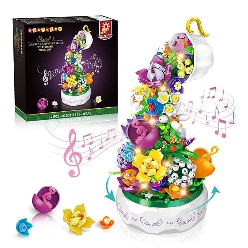 HOGOKIDS Flowers Music Box Building Set with Light for Adults Girls 6-12+ | Flower Botanicals Rotating Music Box Blocks Toy for Home Office Decor, DIY Craft Kits Birthday Gifts for Women Mom Kids - Image 1