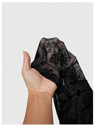 Verdusa Women's Gothic Flare Sleeve Flower Pattern Tops Velour Cross Lace-up Waist Crop Tops - Small - Black thumbnail 5