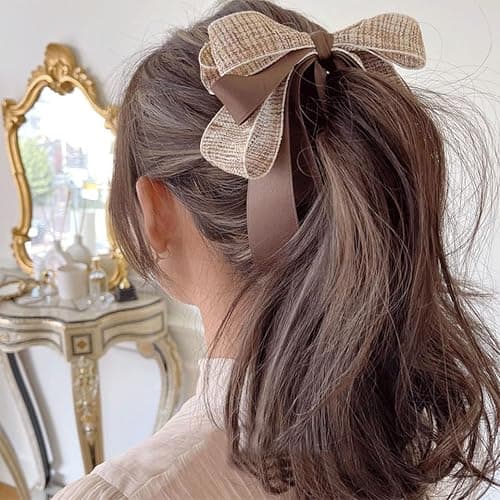 Ribbon Bow Banana Hair Clips for Women Girl，2PCS Vertical Ponytail Claw Clip Korean Style Bowknot Ponytail Claw Large Banana Clip for Thick Hair Accessories (Khaki) thumbnail 3