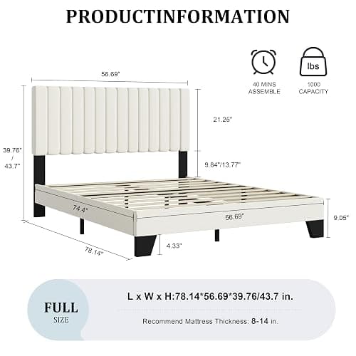 ZZBINUS Full Bed Frame, Velvet Upholstered Platform Bed Frame with Adjustable Headboard, Vertical Quilted Design, Sturdy Slatted Mattress Base, Easy to Assemble, White thumbnail 2