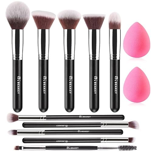 BEAKEY Pinselset Makeup Professionelles Foundation Make up Pinsel Set Premium Puderpinsel Lidschatten Blush Schminkpinsel Set Beauty Schwamm und Bürsteswaschener mit Eiform (10+2 Stück, Silber) - Image 1