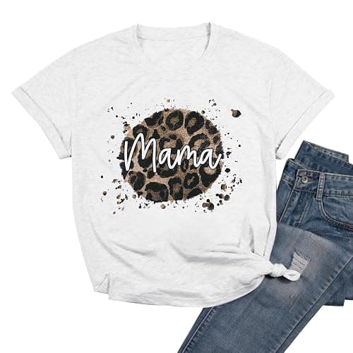 Mama Shirt for Women Leopard Print Mom Life Tops Tee Casual Short Sleeve Mommy Gifts Shirts Top, Off-white, XL - Image 1