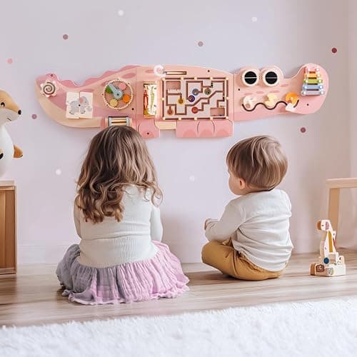 ROBOTIME Crocodile Busy Board Wall Panels for Toddlers, Pink Montessori Sensory Activity Board, Montessori Sensory Wall-Mounted Learning Center Toy for Kids Room, Educational Toys for Boys & Girls thumbnail 8