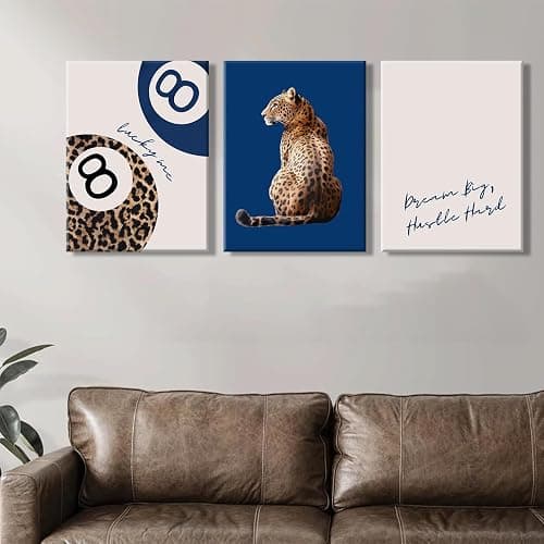 Navy Blue 3 Pcs Leopard Print Canvas Wall Art Cheetah animal prints 8 Ball Lucky Me pictures Trendy Wall decor Y2k aesthetics painting artwork for Apartment Dormitory College Decoration 12x16in thumbnail 6