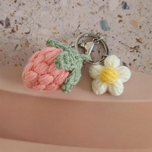 Ensiolau Keychain Handmade Weaving Cute Strawberry Flower Keychains Gift for Car keys Bag Wallet Purse Women Girls thumbnail 2