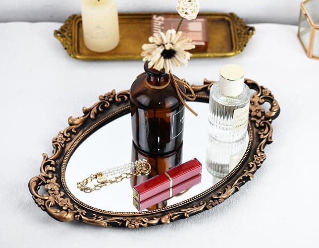 Tstarer Vintage Decorative Gold Framed Mirror, Wall Hanging Mirrors & Tabletop Tray for Bedroom Living Room Dresser Decor, Oval- 9.6" W x 14.3" L (Bronze) thumbnail 4