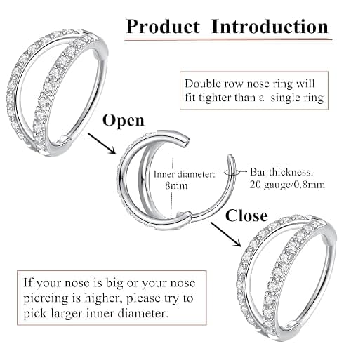 ORANGELOVE Double Open Stack CZ Nose Ring Hoop 316L Surgical Steel Helix Rook Conch Cartilage Daith Tragus Earrings Hinged Segment Nostril Piercing Septum Clicker 20G 18G 16G Lip Ring thumbnail 4