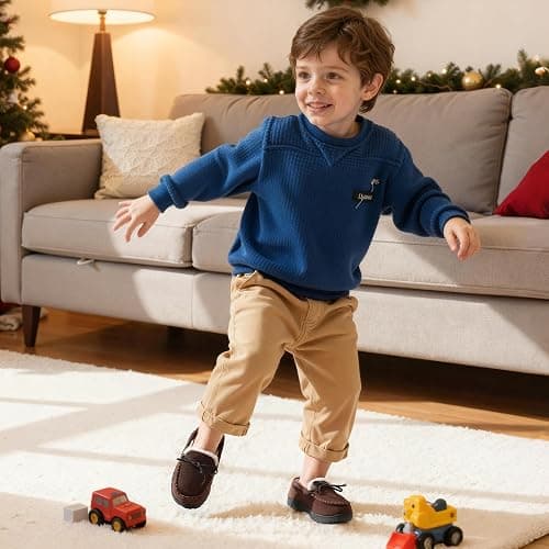 Bigwow Boys Moccasin Slippers Memory Foam Suede House Slippers Non-Slip Indoor Outdoor Winter Fuzzy Shoes for Toddler Kids thumbnail 2